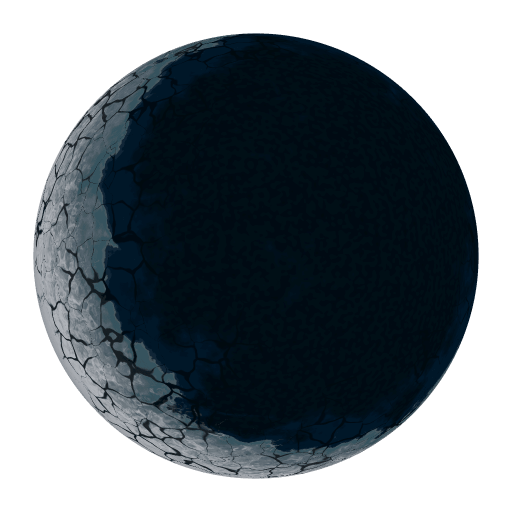 Figure 1. TRAPPIST-1 f rendered as a tidally locked ice-ocean eyeball: dark open ocean on the star-facing hemisphere, Voronoi-cracked pack ice consolidating toward the night side. Classification from the recorded record (rocky size, habitable-zone cold edge, locked); every surface feature is seeded noise.