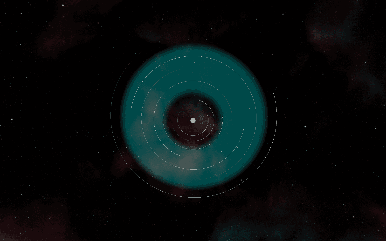 Figure 2. The habitable-zone annulus around TRAPPIST-1, computed per star from the Kopparapu et al. (2013) flux boundaries. All seven orbits are visible; three thread the zone. The whole band lies within a twentieth of an AU of the star.