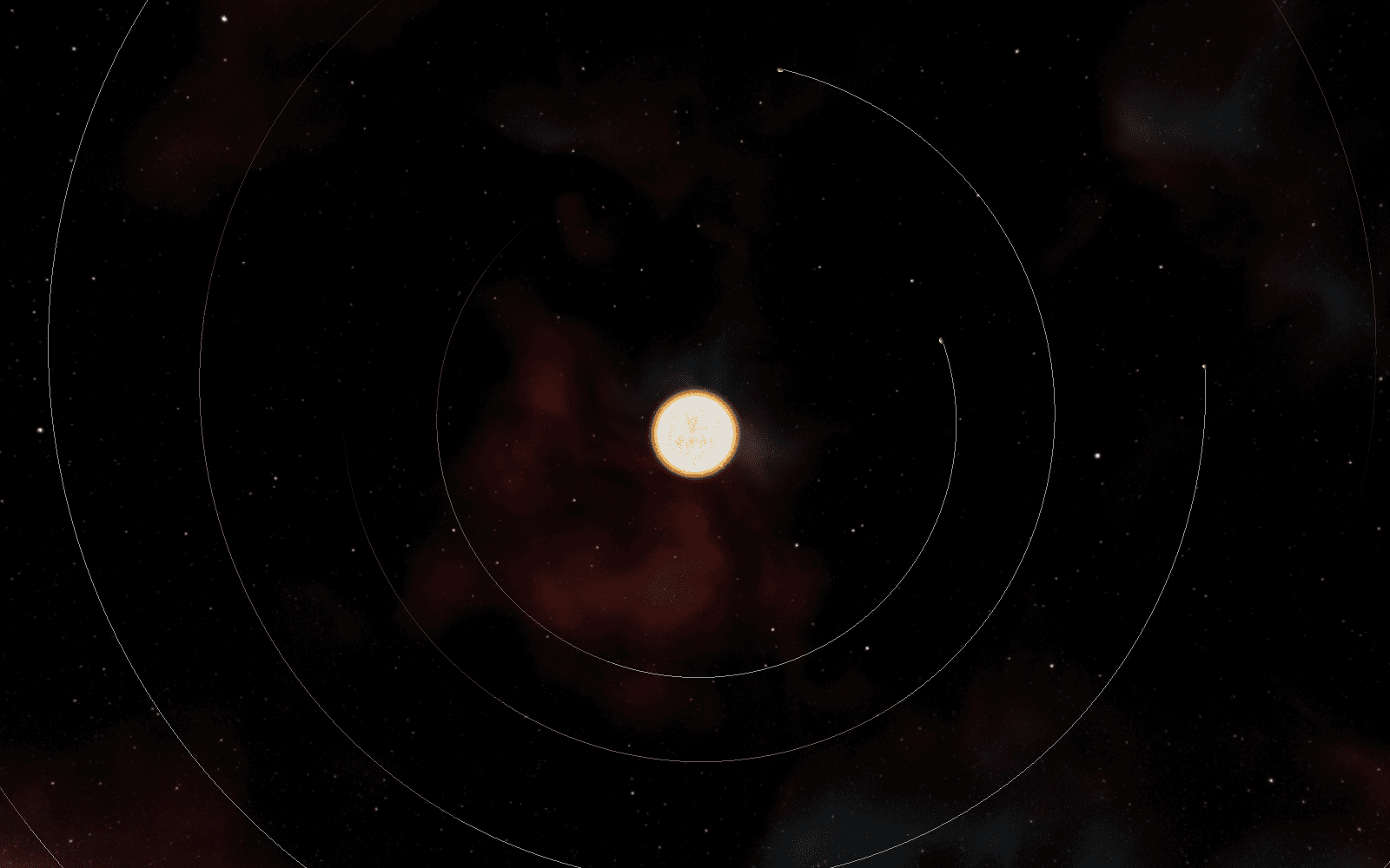 Figure 1. The system viewer: TRAPPIST-1, its planets on live Keplerian orbits. Each orbit line tapers behind its planet and fades as the camera approaches; the star's colour and granulation derive from its recorded temperature (§ Stars from temperature).